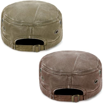 Cadet Army Hat 2 Pieces Flat Top Cap Unisex Military Hat for Women Men - color: Army Green E + Brown E