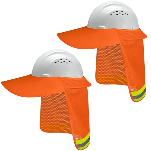 Hard Hat Sun Shade, Full Brim Mesh Neck Sun Shield with Reflective Strip, High Visibility Visor Neck Shade for Hard Hat Accessories, 2 Packs Orange - color: Orange