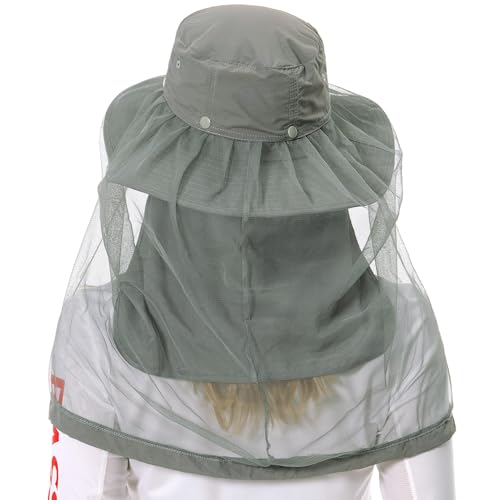 BASSDASH UPF 50+ Mosquito Sun Hat with Hidden Head Net and Neck Flap for Men Women Outdoor Fishing Hiking Camping - color: Light Grey