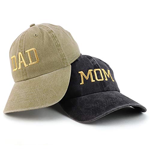 Trendy Apparel Shop Capital Gold Thread Mom and Dad Pigment Dyed 2 Pc Cap Set - color: Black Khaki