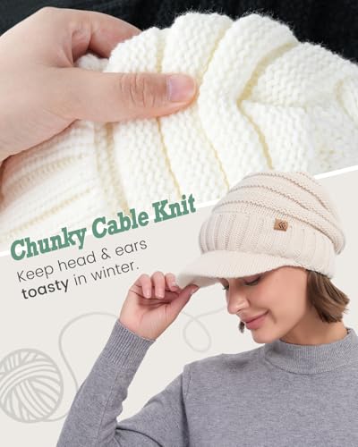 Women Men Winter Beanie Hat with Visor, Warm Fleece Lined Beanie Cap, Thick Knit Cap Slouchy Hat with Brim - color: White