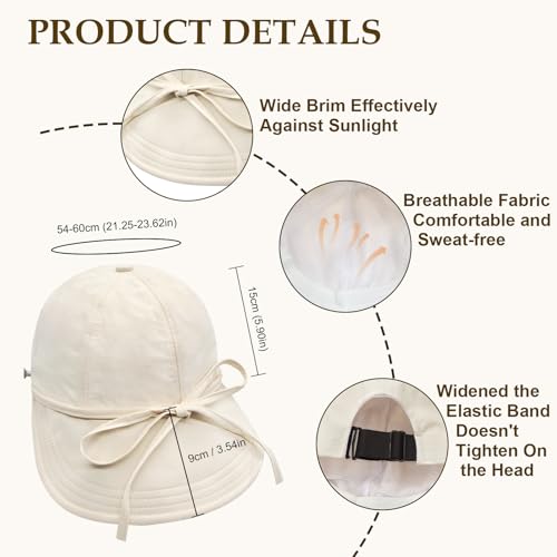 YAMEIZE Womens Bucket Sun Hat Packable Wide Brim Ponytail Beach Hat with Windproof Strap Sun Protection UPF50+ - color: Beige