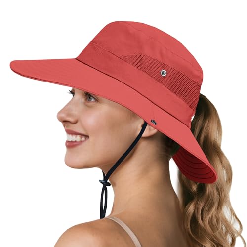NPQQUAN Ponytail Sun Hats for Women UPF 50+ Wide Visor UV Protection Hat - color: Pure Watermelonred(ponytail Hole)