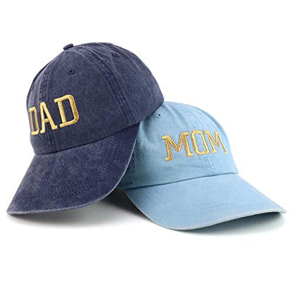 Trendy Apparel Shop Capital Gold Thread Mom and Dad Pigment Dyed 2 Pc Cap Set - color: Light Blue Navy