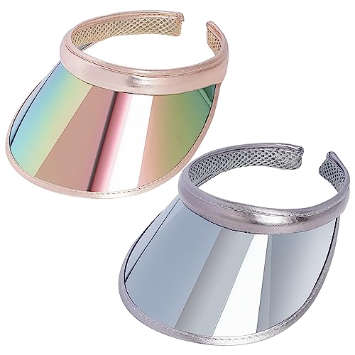 2 Pack Sun Visor Hats Women UV Sports Iridescent Multi Color Tennis Golf UPF Cap Headwear for Men Women Outdoor Summer Travel - color: Khaki & Silver