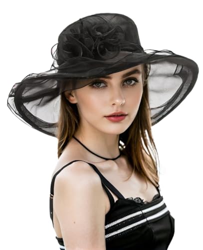 Derby Hats for Women 2026 Women's Elegant Organza Kentucky Fascinator for Church, Tea Party, Weddings Hats - color: Hat2-black