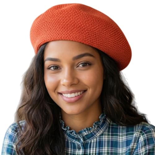 Summer Beret Hat for Women, French Style Cotton Beanie Hat - color: Orange