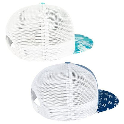 BASSDASH 2 Pack Flat Brim Trucker Cap Adjustable Snapback Hat Mesh Back for Men Women Fishing Hunting - color: Pack of 2, Blue & Fish Camo