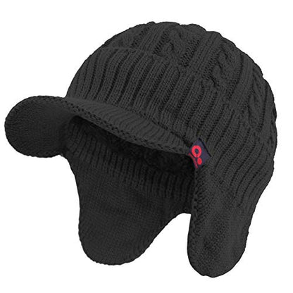 Original One Winter Ear Flap Visor Beanie Lining Hat with Billed Knit Brimmed Cap - color: Black