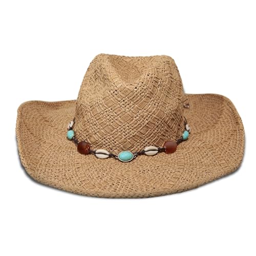 Lucky Brand Women's Straw Cowboy Hat | Rope Design | Western | Style | Fashion | Sun Protection | Breathable - color: Turquoise Beading - Natural