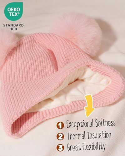 FURTALK Baby Winter Hat Pom Pom Beanie with Fleece Lined Toddler Warm Cap - color: White+pink, size: 2-6 Years