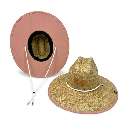 Women's Wide Brim Straw Sun Hat for Beach, Lifeguard Style, Hand-Woven Rush & Mat, Adjustable Chin Drawstring - color: The Rose
