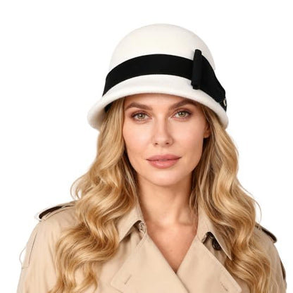 Women Solid Color 100% Wool Winter Hat Women Cloche Bucket Bowler with Bowknot - color: White With Black Bow