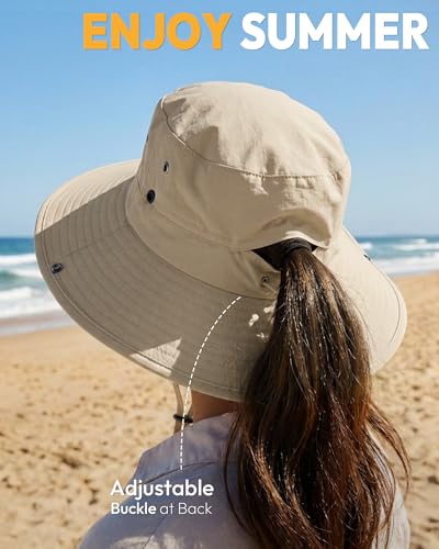 Women Sun Hat with Ponytail Hole Wide Brim Bucket Sun Protection for Summer - color: Beige