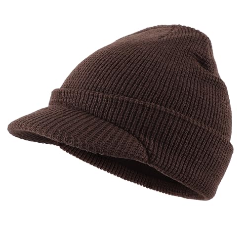 Home Prefer Mens Wool Blend Winter Hat Double-Layer Warm Knit Pre-Curve Visor Beanie Brimmed Beanies Hat for Men Women - color: Coffee