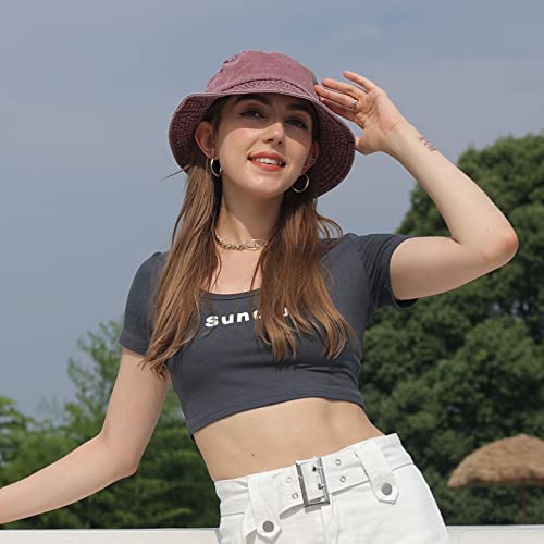 Washed Cotton Bucket Hats Packable Summer Beach Cap for Men Women - color: Ce-bh-khaki-white-red