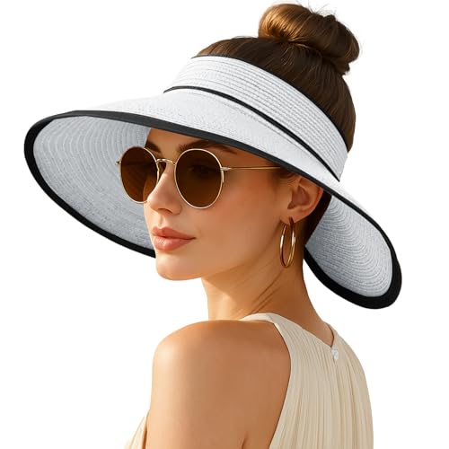 Women's Sun Visor Hats Wide Brim Straw Beach Hat Ponytail Hats for Women Foldable Floppy - color: 1pack-white/Black