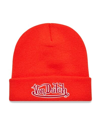 Von Dutch Unisex Cuffed Knit Skull Cap Beanie, Embroidered Logo - color: Orange