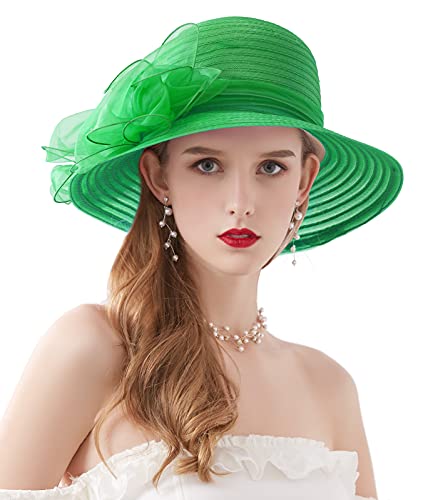 Z&X Organza Church Fascinator Wedding Tea Party Derby Hats for Women Flower Wide Brim Sun Hats - color: 06c Green