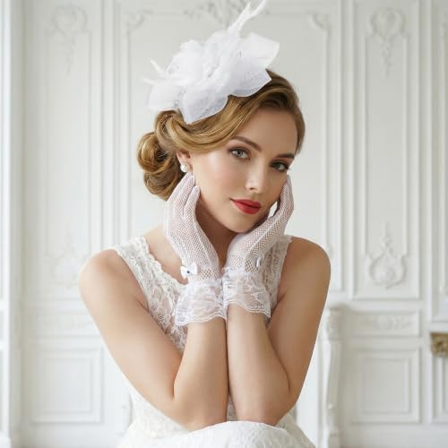 Fascinators Hats with Lace Gloves for Women Headband for Tea Party Wedding - color: White