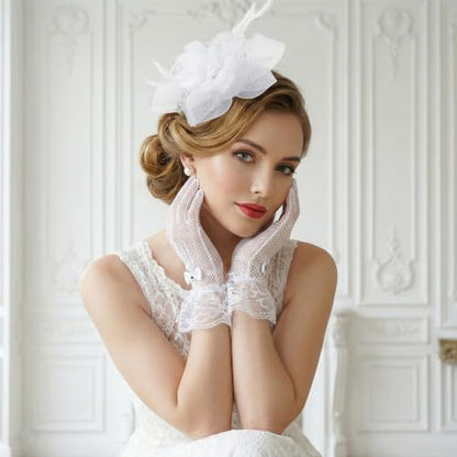 Fascinators Hats with Lace Gloves for Women Headband for Tea Party Wedding - color: White