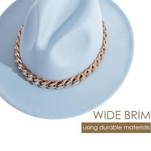 Men & Women Wide Brim Fedora Hat with Chain Buckle - color: Chain Belt-sky Blue