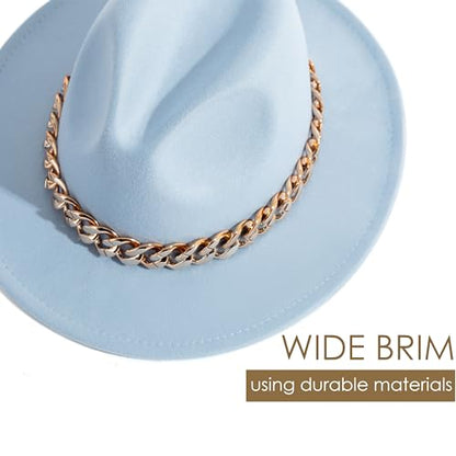 Men & Women Wide Brim Fedora Hat with Chain Buckle - color: Chain Belt-sky Blue