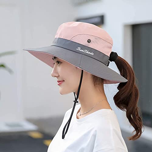ZOORON Women's Ponytail Safari Sun Hat,Wide Brim UV Protection Bucket Hat - color: 2-black+purebeige