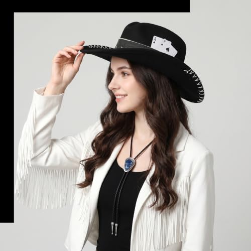 Black Cowboy Hat for Men Women Felt Western Hat with Blue Stone Necklace