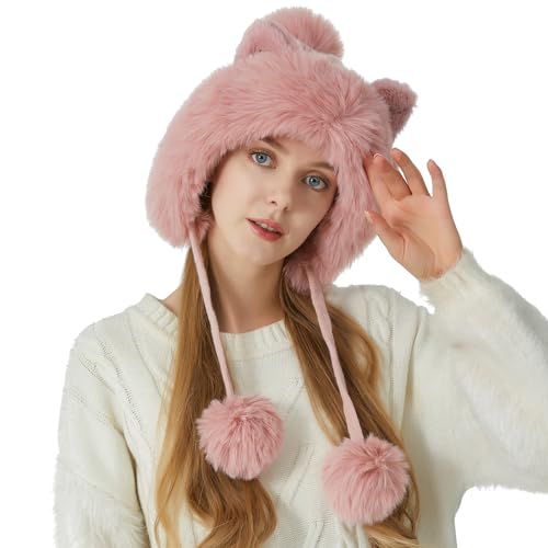 HUAMULAN Women Winter Sherpa Knit Beanie Hat Fleece Lined Ear Flaps - color: Pink Solid
