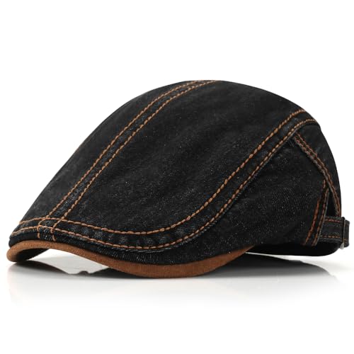 Mens Herringbone Tweed Newsboy Cap Flat Ivy Gatsby Hat Adjustable Cabbie Cap for Women - color: Denim Black