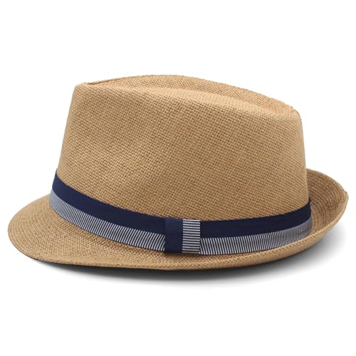 LIDHAY Short Brim Panama Hat Straw Fedora Hats for Men Women Summer Derby Trilby Hats Beach Sun Hat - color: Khaki