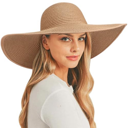 DRESHOW Big Straw Sun Hats for Women Floppy Foldable Roll up Beach Cap Sun Hat UPF 50+ Vacation Honeymoon Embroidered Hat - color: 1 Pack Medium Size: Khaki (Head Circumference 22-22.8")