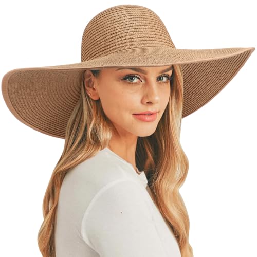 DRESHOW Big Straw Sun Hats for Women Floppy Foldable Roll up Beach Cap Sun Hat UPF 50+ Vacation Honeymoon Embroidered Hat - color: 1 Pack Medium Size: Khaki (Head Circumference 22-22.8")