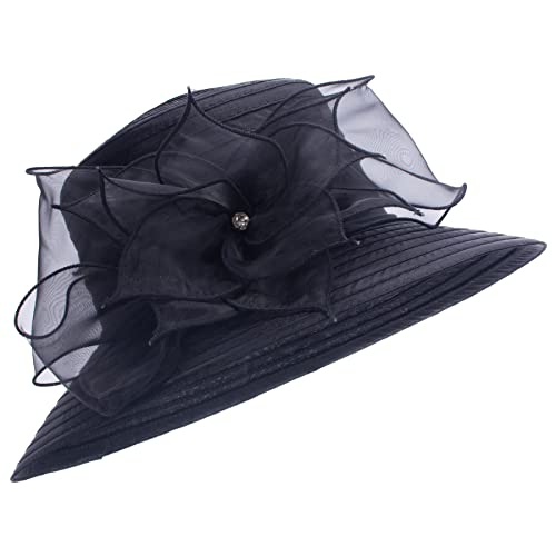 Womens Wedding Occasion Floral Wide Brim Church Dressy Sun Hat A323 - color: Black