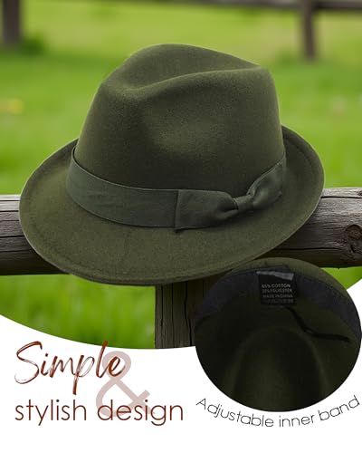 Fedora Hats for Men Women 1920s Short Brim Felt Trilby Hat - color: Olive Green