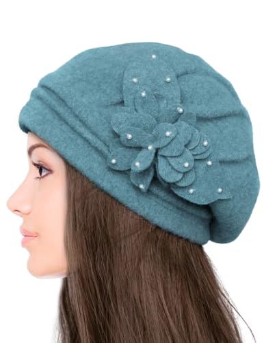 Dahlia Women's Winter Hat - Wool Cloche/Bucket Hat, Slouch, Flower - color: Teal Blue