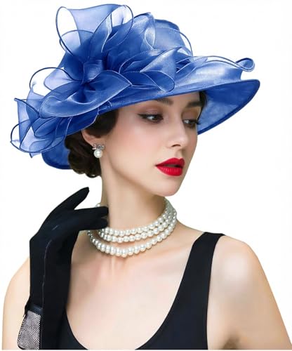 Organza Fascinator Hat - Women’s Wide Brim Church Bridal Tea Party Wedding Hat - color: 01a-navy Blue