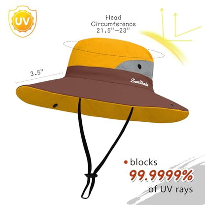 ZOORON Women's Ponytail Safari Sun Hat,Wide Brim UV Protection Bucket Hat - color: 1-yellow