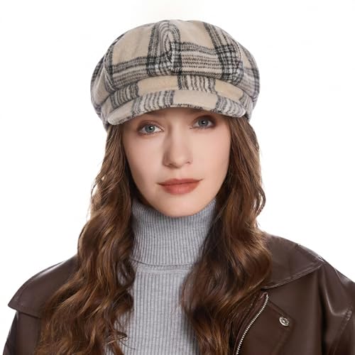 ZLYC Women Classic Newsboy Cap Visor 8 Panel Gatsby Cabbie Paperboy Hat - color: Tartan Plaid Beige