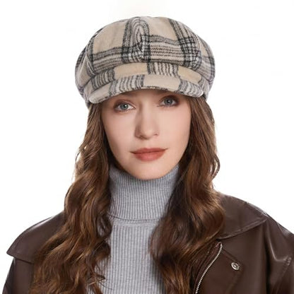 ZLYC Women Classic Newsboy Cap Visor 8 Panel Gatsby Cabbie Paperboy Hat - color: Tartan Plaid Beige