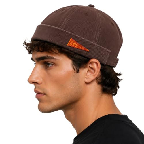 Retro Brimless Docker Cap Rolled Cuff Cotton Beanie Hat - color: Brown
