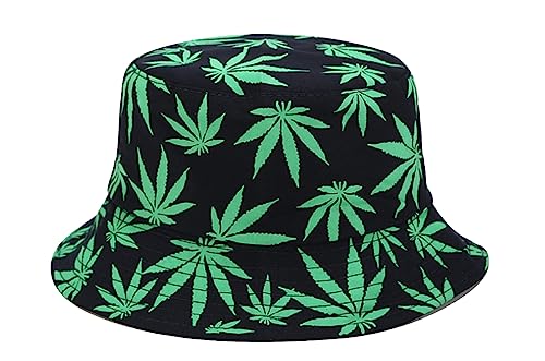 Punk Black Green Red Leaf Weed Fisherman Caps Bucket Hats Hip Hop Gorro Outdoor Men - color: Black Green