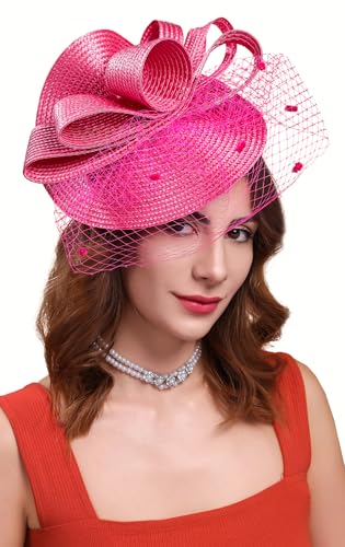 Kentucky Derby Fascinators for Women High Tea Party Hat Wedding Cocktail Flower Headware with Mesh and Feathers - color: Z-f0271-fushia