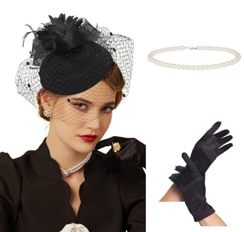 Fascinator Hats for Women 20s 50s Vintage Pillbox Hat Kentucky Derby Fascinators Flower Veil Wedding Tea Party Hat - color: 1-a-black1 Set