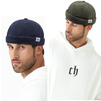 Croogo Cotton Brimless Hat for Men Rolled Cuff Docker Cap Casual Worker Hat - color: M-ct84-blue