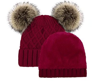 Arctic Paw Womens Winter Hat Cable Knit Beanie for Women Faux Fur Pompom Ears - color: Burgundy_grid