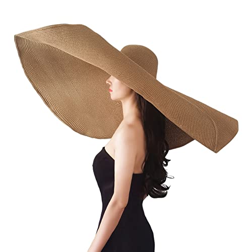 Oversized Beach Straw Hats for Women Floppy, Extra Large Sun Visor Hat Wide Brim Summer Roll Up Big Beach Hat Women Foldable - color: Diameter 90cm Khaki