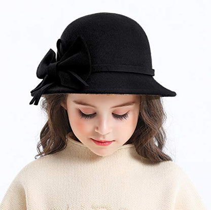Bienvenu Kids Girls Winter Warm 100% Wool Bucket Hats Fedoras with Bowknot - color: Black
