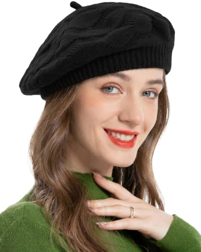 ZLYC Women French Beret Hat Reversible Solid Color Knit Warm Artist Cap - color: Cable Pattern Black